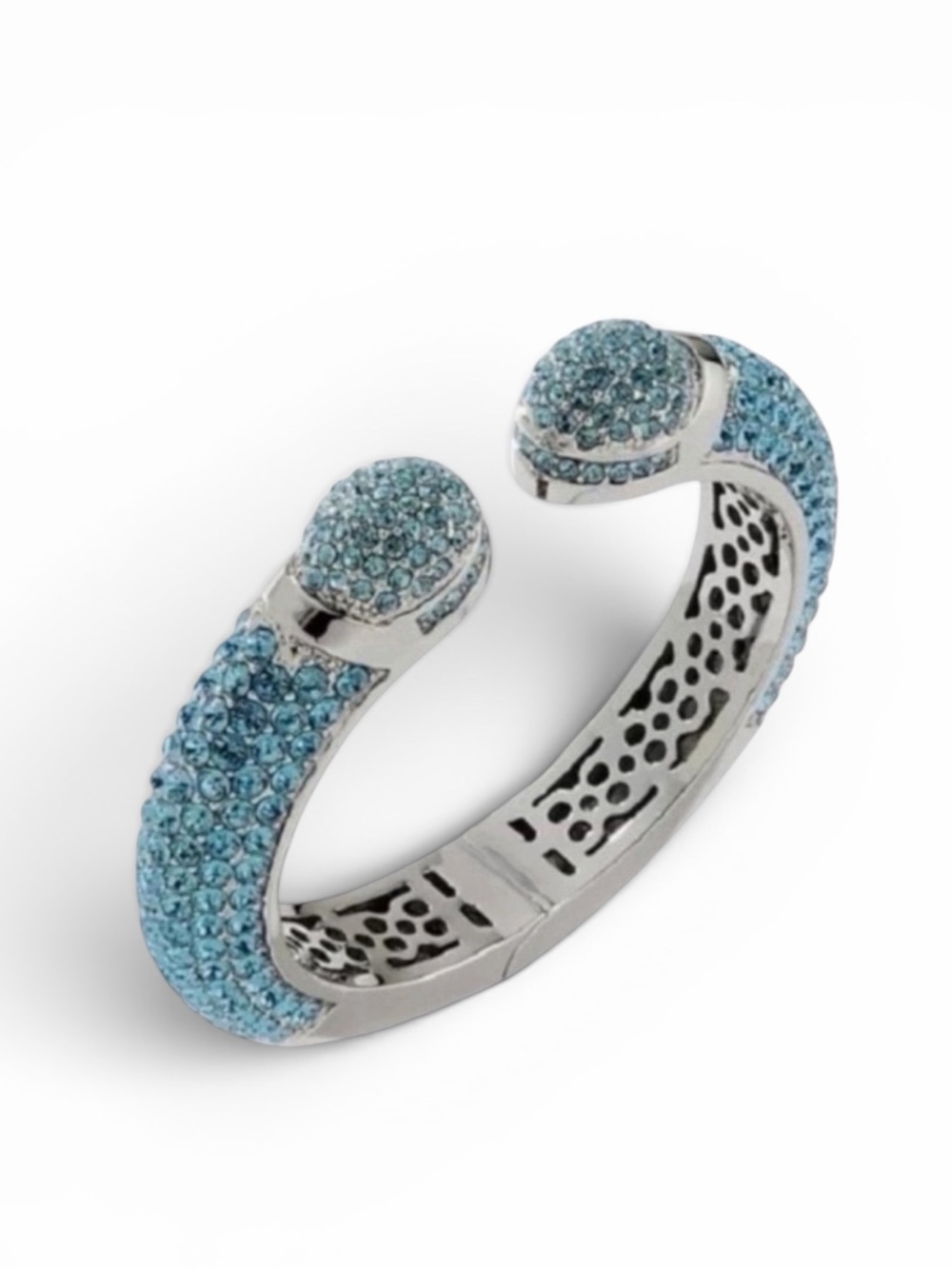 Joan Boyce Aqua Blue Pave Crystal “Kissable" Silver Cuff Bracelet